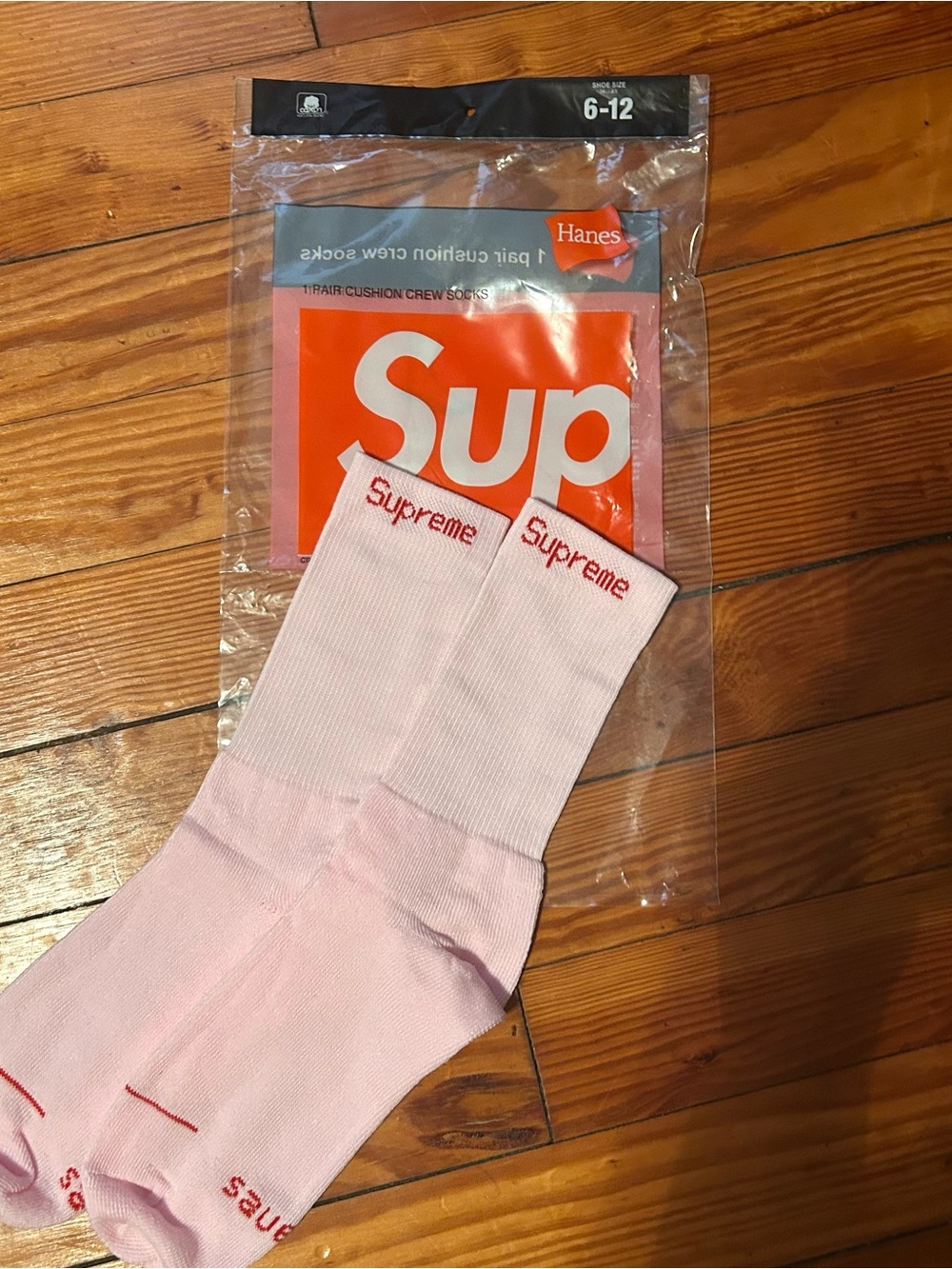 Hanes Pink Crew Socks with Red 'Supreme' Logo